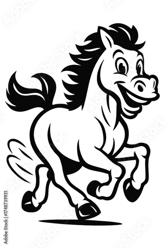 Happy Cartoon Horse Character Running - Smiling Farm Animal Mascot Line Art