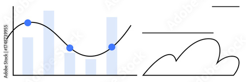 Bar chart with line graph and data points, paired with cloud drawing. Ideal for statistics, analytics, forecasting, cloud computing, business growth, trends and minimalism. Simple flat metaphor