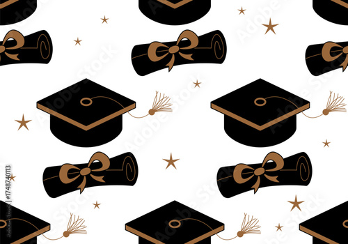 Seamless Pattern with Graduation Caps and Gold Stars. Graduation Cap Seamless Pattern. For invitation, banner, poster, postcard