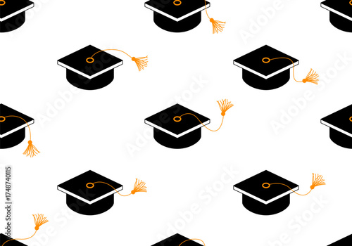 Seamless pattern for University, college school education vector background. Seamless pattern with graduated hat. Seamless vector pattern featuring graduation caps with gold tassels