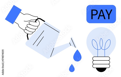 Hand pours water from watering can onto light bulb with drops falling, suggesting financial investment fueling innovation, growth, and creativity. Ideal for business, finance, ideas, innovation