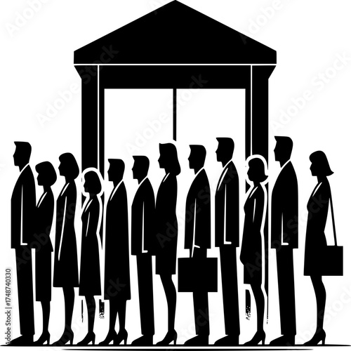 Silent Queue: Silhouettes of a patient queue waiting outside of a building, hinting at anticipation and the passing of time. The stark black and white contrast emphasizes the collective wait.