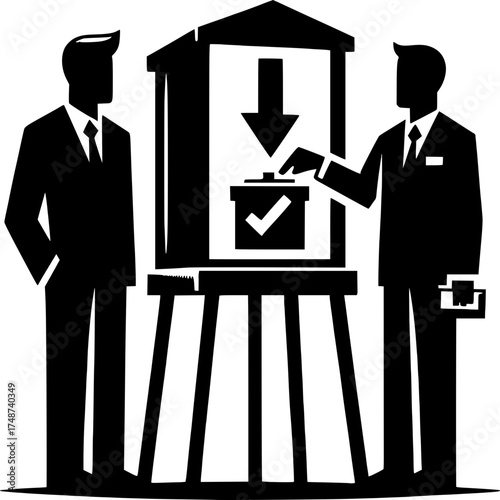 Voting Day Dynamics: Illustrative representation of a polling station where individuals participate in a civic act. Depicting democracy and civic duty.