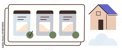 Three side-by-side documents with marked selections and a house icon alongside. Ideal for planning, home buying, decision-making, organization, prioritization, evaluation, or strategy. Simple flat