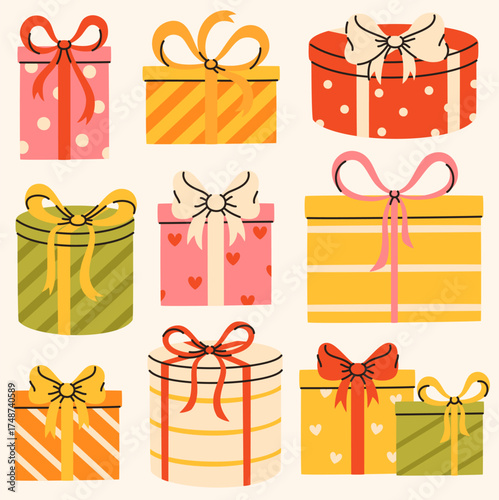 A cute collection of holiday gift boxes. Pastel-colored gifts for birthdays and Christmas.