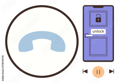 Phone handset inside a circle, purple door with unlock button, and playback symbols. Ideal for communication, privacy, digital security, user interface, smart devices, technology simple flat