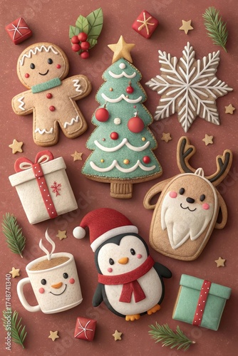Cute Handmade Christmas Elements in Pastel Colors – Gingerbread, Snowflake, Tree, Stocking