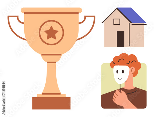 Trophy with star symbolizes success, house represents stability, and person with mask reflects hidden identity. Ideal for concepts thumbs up victory, home, duality, success, secrecy, goals