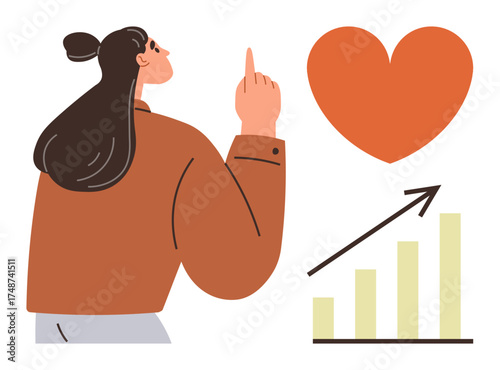 Woman pointing upwards near a heart and growth chart, symbolizing passion, progress, and success. Ideal for personal development, self-improvement, health, motivation, goals inspiration simple flat