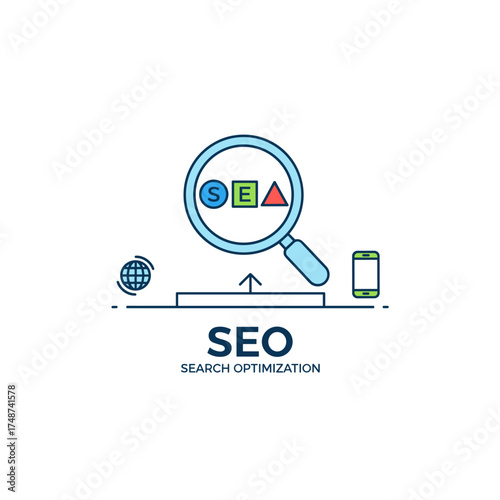 A minimalist flat‑line banner featuring search engine optimization, with a modern vector illustration of the word SEO suitable for website and mobile banners, easily editable, customizable, and