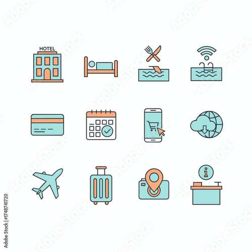 A set of thin‑line icons depicting hotel services, facilities, online booking, and travel information, suitable for websites, mobile sites, and apps, with editable strokes