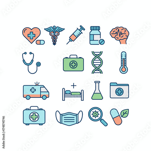 A collection of flat line icons depicting healthcare and medicine, designed as vector concepts for website and app design and development