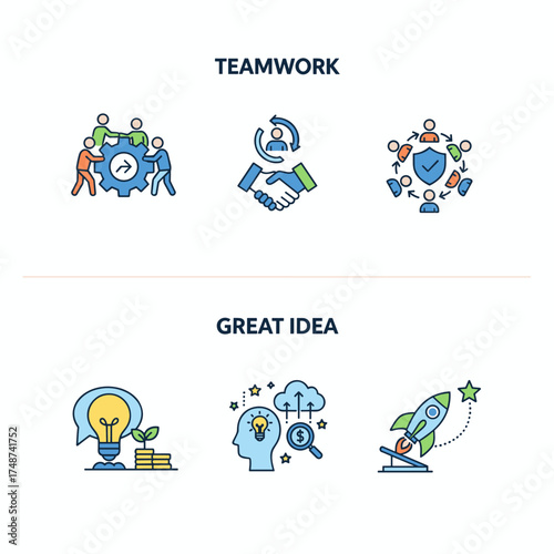 Flat design ideas for business, finance, strategic management, investment, natural resources, consulting, teamwork, and innovation—suitable for web banners and promotional materials