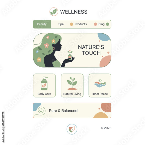 A modern flat design template featuring vector illustrations for beauty, spa, wellness, natural products, cosmetics, body care, and healthy living websites and mobile sites