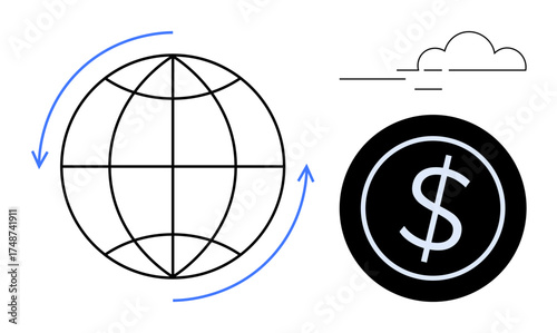 Globe with circular arrows, dollar sign icon, and abstract cloud elements. Ideal for finance, globalization, trade, technology, economy business and investment. Simple flat metaphor