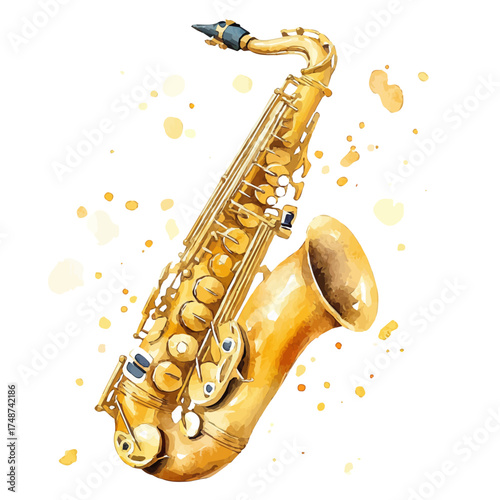 watercolor vector of Saxophone, isolated on a white background.
