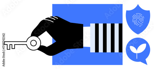 Hand holding a key with fingerprint shield and sprout icons symbolizing security, technology, growth, and innovation. Ideal for access, safety, tech advancement, development, eco-friendliness