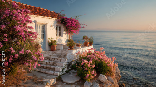 Mediterranean Seaside House with Pink Bougainvillea
