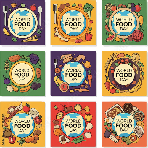 Vibrant square illustrations celebrating World Food Day with diverse food icons on colorful backgrounds in a grid pattern.