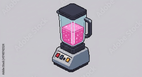 An isometric pixel art illustration of a blender with a jar filled with liquid, in an 8-bit or 16-bit gaming style, on a light gray background.