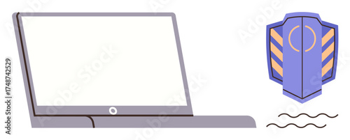 Open laptop and shield with striped design convey online safety, data protection, and cybersecurity. Ideal for technology, privacy, security, shielded systems, antivirus, digital trust simple flat