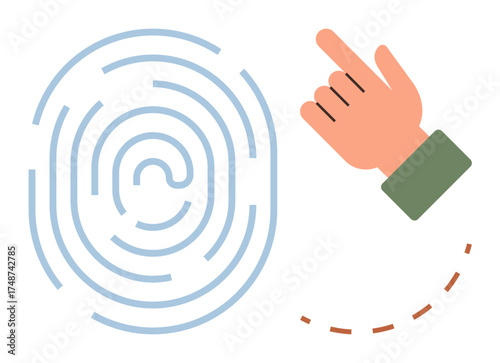 Fingerprint pattern with a pointing hand symbolizing identification, biometrics, privacy, and access control. Ideal for authentication, innovation, technology, security, privacy access