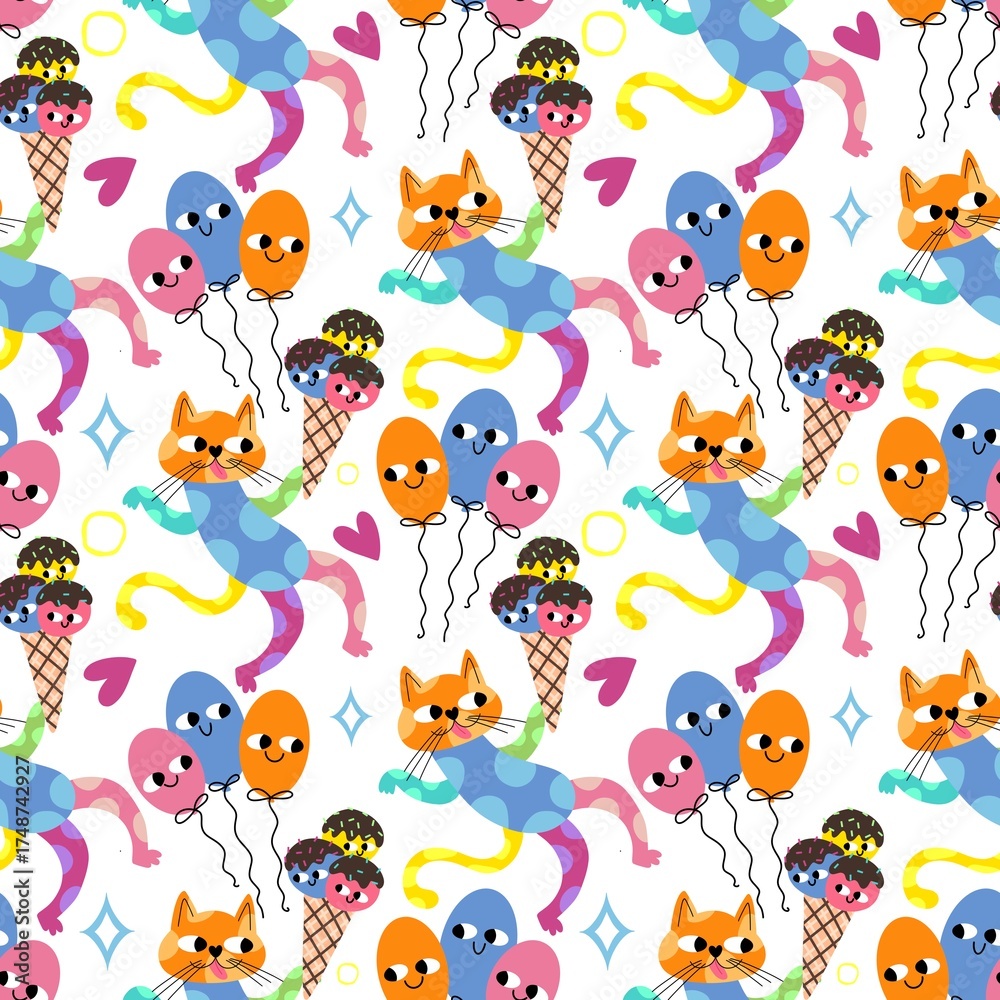 Fototapeta premium Birthday party seamless cats pattern for wrapping paper and fabrics and linens and kids clothes print