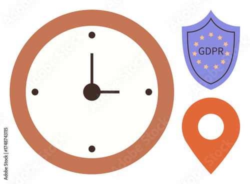 Clock face symbolizing time, GDPR shield for data security, and location marker for tracking. Ideal for privacy, compliance, scheduling, responsibility, transparency safety navigation. Simple flat