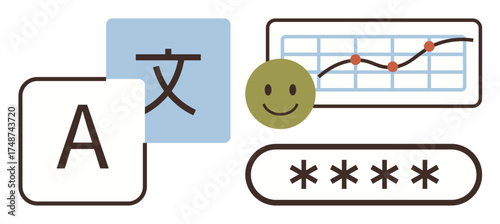 Language symbol, happy face, line graph with data points, and password box. Ideal for language, security, user interaction, analytics emotions technology and education. Simple flat metaphor