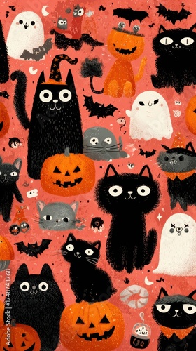 Cute black cats and whimsical pumpkins create a playful Halloween celebration in a colorful design filled with festive elements