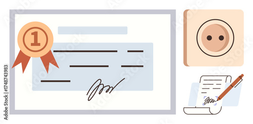 Certificate with badge and signature, document signing, and circular button. Ideal for achievement, certification, approval, official agreement, signature authority recognition. Simple flat