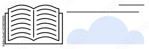 Open book with pages and digital cloud outline convey knowledge, learning, and online education. Ideal for digital resources, reading, innovation, creativity, learning tools, library simple flat