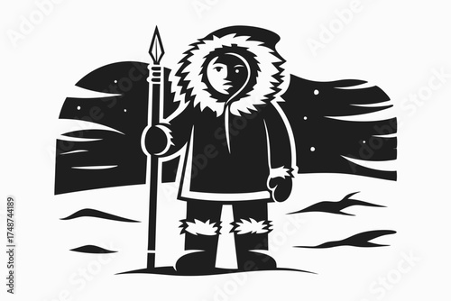 Inuit man standing with spear in snowy landscape at night  