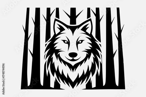 Wolf illustration among trees in black and white graphic design  