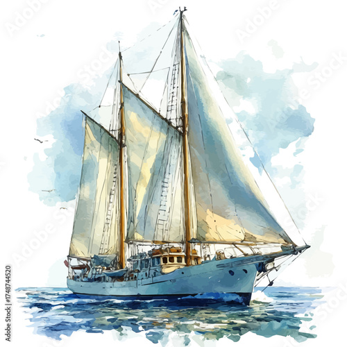 watercolor vector of Sailboat, isolated on a white background.