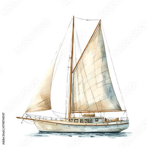 Sailboat, watercolor illustration vector, isolated on a white background.