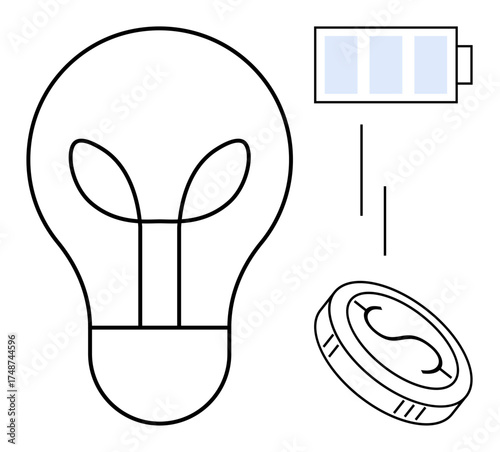 Light bulb symbolizing ideas, battery signifying power, and coin representing money. Ideal for creativity, energy conservation, financial planning, technology, sustainability, innovation progress