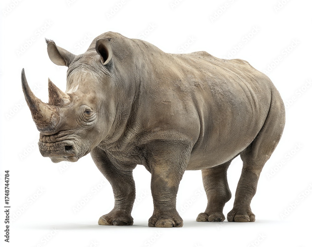 Obraz premium Gray rhino, full shot, facing slightly to the viewer's right, standing on a white background. Large, thick, muscular body, one horn on the snout. Mature, wild, African animal