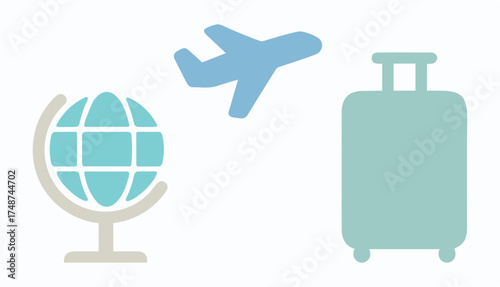 Travel, tourism, traveling, airplane, globe, international, planet, transportation, flight. Vacation, holiday, suitcase, luggage, tourist, tour, world, earth. Set, icon, vector