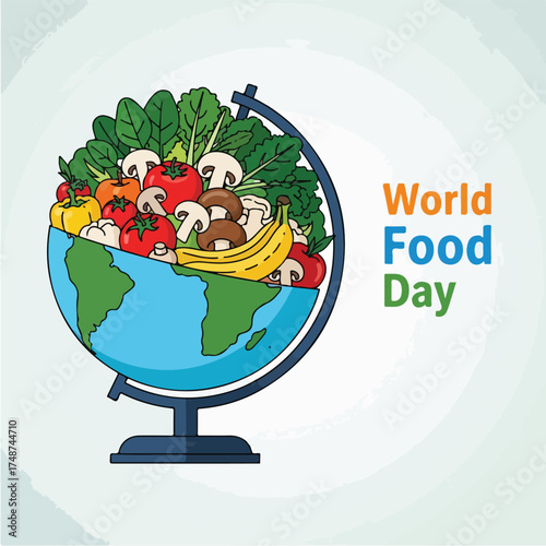 Illustration of a globe with various fruits and vegetables on it, celebrating World Food Day with a colorful and vibrant design on a white background.