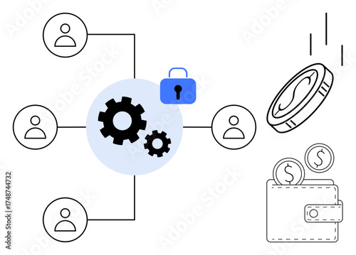 Gears connected to people nodes, blue lock for security, coins dropping into wallet. Ideal for teamwork, security, automation, savings, finance workflow optimization innovation. Simple flat