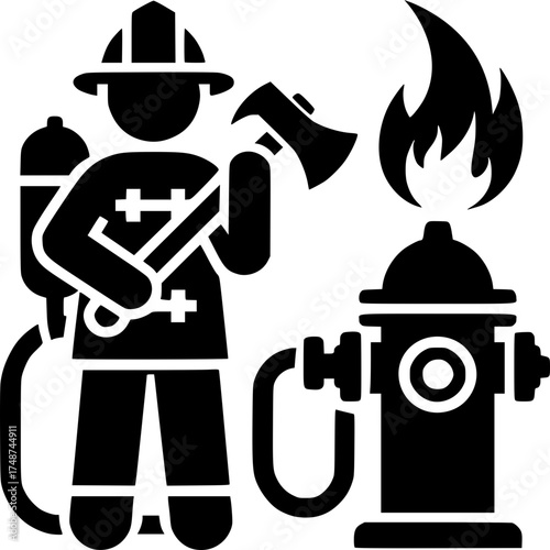 Heroic Resolve: A stoic firefighter fearlessly confronts a raging fire, equipped with essential tools and a determined spirit