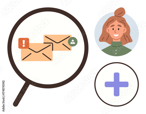 Magnifying glass highlighting email notifications, user avatar, and add sign. Ideal for message management, communication, team collaboration, notification, contact building, email system business