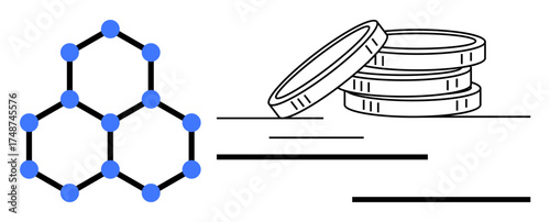 Blockchain network with hexagonal nodes and stacked coins representing decentralized finance. Ideal for technology, cryptocurrency, fintech, connectivity, investment, innovation, simple flat metaphor