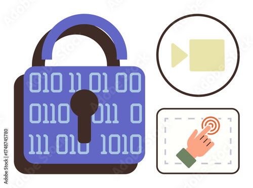 Digital padlock over binary code, video play icon, and hand touching fingerprint scanner. Ideal for cybersecurity, privacy, data protection, biometrics, video security, encryption hacking