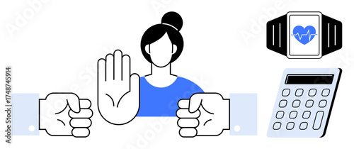 Woman raising hand in a stop gesture, smartwatch with heart rate display, and a calculator. Ideal for health awareness, time management, decision-making, wellness, fitness, boundaries