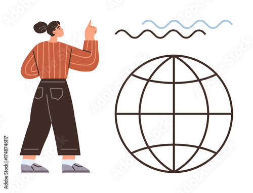Woman in casual attire gesturing toward globular grid and wavy lines, symbolizing global trends, innovation, and communication. Ideal for education, business, networking, technology, research