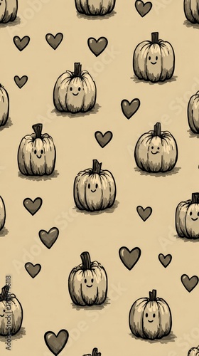 Whimsical pumpkin and heart pattern in background for festive decor