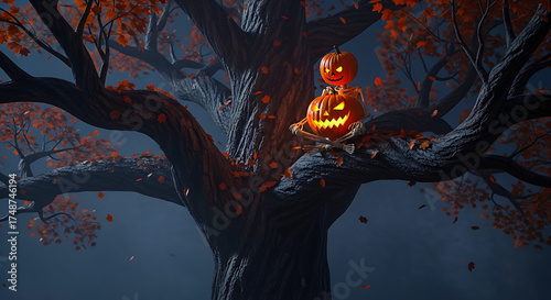 Eerie Halloween night scene featuring glowing pumpkins and skeletons perched on a spooky, leafless tree, perfect for seasonal greetings and festive designs