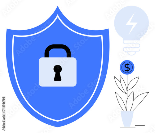 Blue shield with lock symbolizing security, light bulb for innovation, and plant with dollar icon for financial growth. Ideal for cybersecurity, finance, innovation, protection, investment, trust